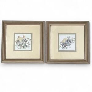 Wall Art Set 2 Prints Matted Wood Frame Glass Cover Birdhouses Flowers 7x7